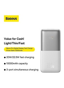 Baseus USB C Portable Power Bank with Digital Display (10000 mAh with 1 USB C Port and 2 USB A Ports for up to 22.5W Charging for iPhone, Android, AirPods, iPad, and More) – Silver