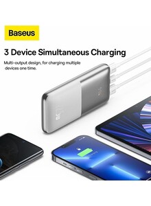 Baseus USB C Portable Power Bank with Digital Display (10000 mAh with 1 USB C Port and 2 USB A Ports for up to 22.5W Charging for iPhone, Android, AirPods, iPad, and More) – Silver