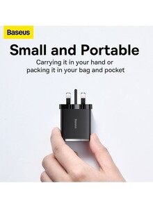 Baseus Compact Quick Charger Three Ports 30W PD Travel Power Adapter UK Plug Black