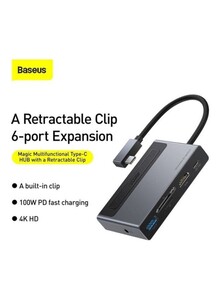 Baseus USB C Hub 6-IN-1 Type C to HDMI 4K HD 60Hz Adapter with USB 3.0 Ports SD/TF Card Reader AUX Port, 100W USB-C Power Delivery Aluminum Compatible for MacBook Pro/Air, iPad Pro 2021, iPad Air 4, XPS,etc Grey/Black