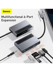 Baseus USB C Hub 6-IN-1 Type C to HDMI 4K HD 60Hz Adapter with USB 3.0 Ports SD/TF Card Reader AUX Port, 100W USB-C Power Delivery Aluminum Compatible for MacBook Pro/Air, iPad Pro 2021, iPad Air 4, XPS,etc Grey/Black