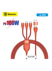 Baseus 100W Flash Series Two-for-Three Fast Charging Data Cable U+C to Micro+Lightning+Type-C Charging Cable Compatible for Apple 13 12 11 Series, MacBook, iPad, Xiaomi, Samsung, Huawei, and More 1.2M - Orange