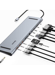 Baseus 11 in 1 Docking Station USB C Hub Triple Display USB C Adapter with 2 4K HDMI, 3 USB 3.0, Type-C Power Supply, VGA, SD/TF Card Reader, Ethernet, 3.5mm Audio for MacBook Pro/Air and Type C Dark Grey